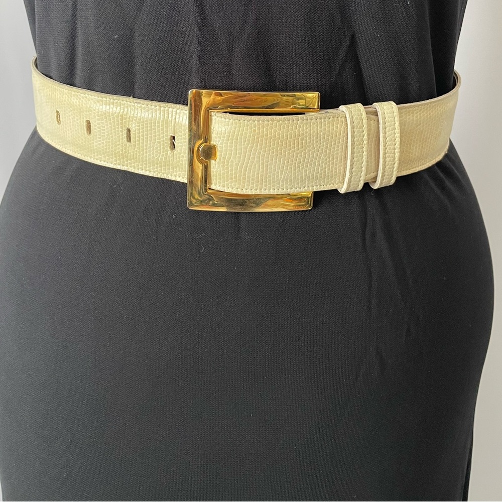Calderon Cream Lizard and Leather Belt with Gold Buckle